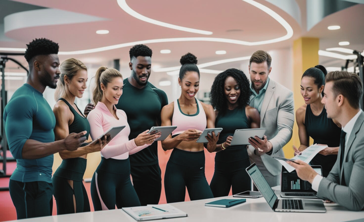 Professionals in a modern gym, discussing business plans and analyzing financial reports, highlighting the blend of business and fitness careers.